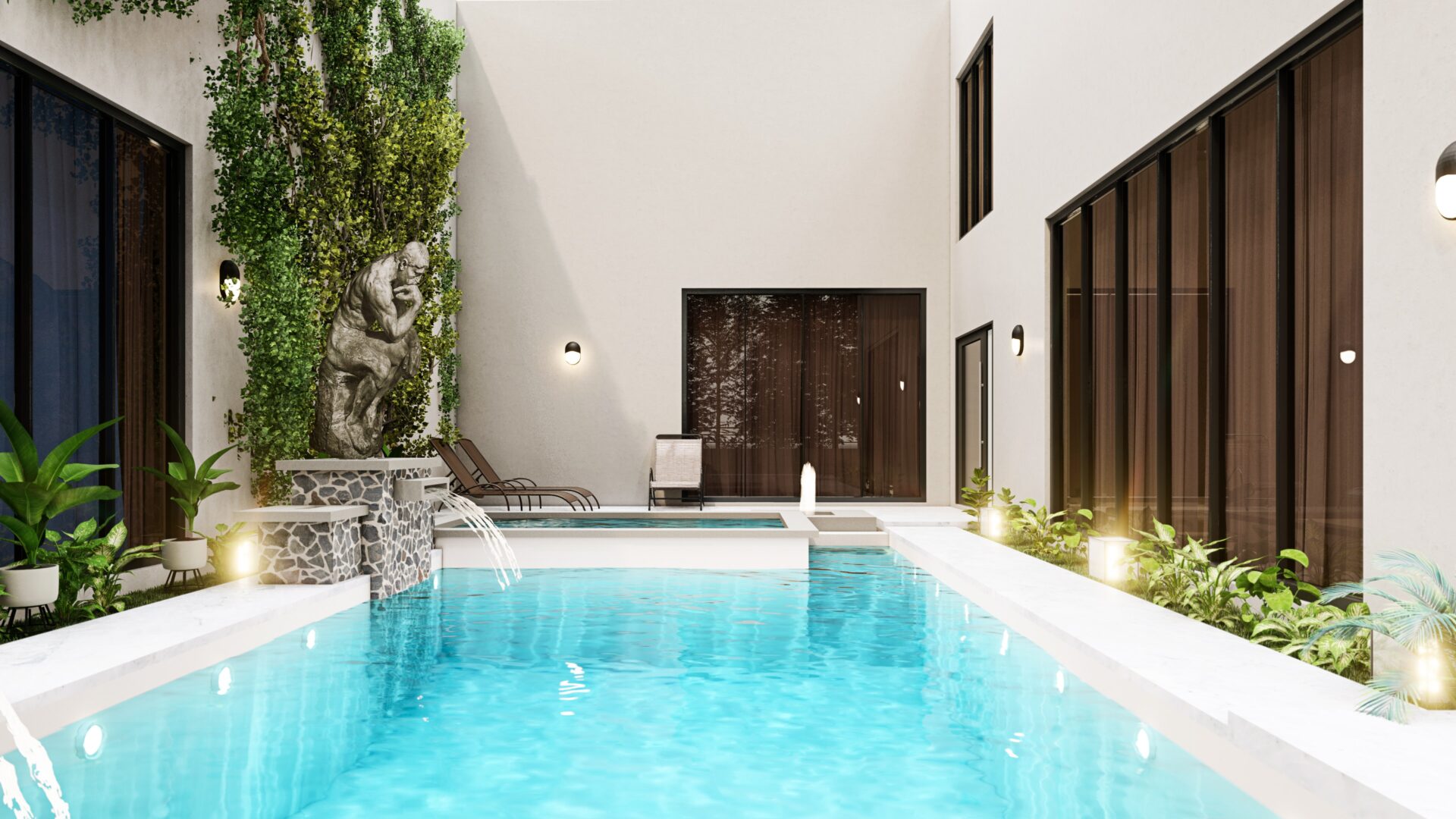 Modern lap pool with clear water and lit landscaping at dusk