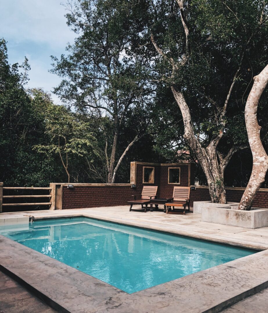 Bright poolside with clear water and palm landscaping